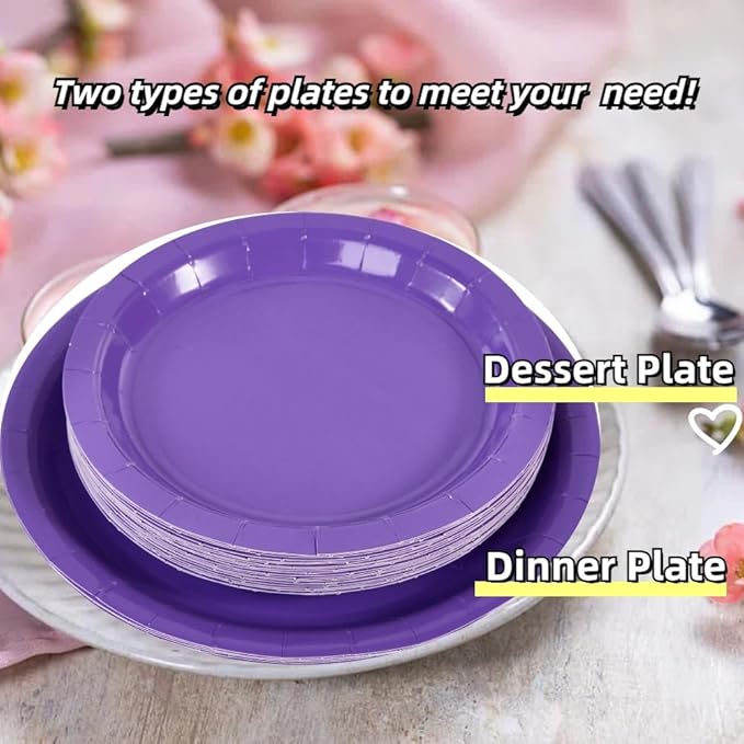 Ottin 169PCS Purple Christmas Party Supplies for 24 Guests – Disposable Paper Plates, Napkins, Cups, Forks, Knives, Spoons & Tablecloth for Birthday, Wedding, Thanksgiving, Christmas, and New Year