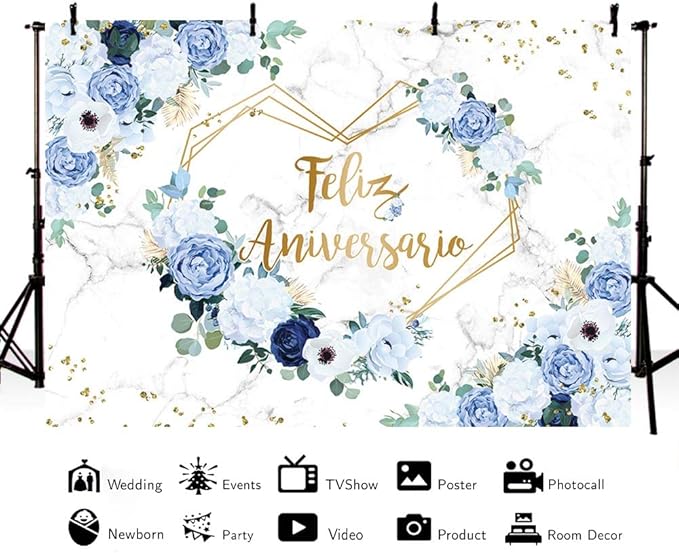 MEHOFOND 8x6ft Feliz Aniversario Backdrop Blue White Floral Wedding Anniversary Photography Background Hearts Geometric Couple Wedding Women Birthday Party Cake Smash Decor Studio Photo Props