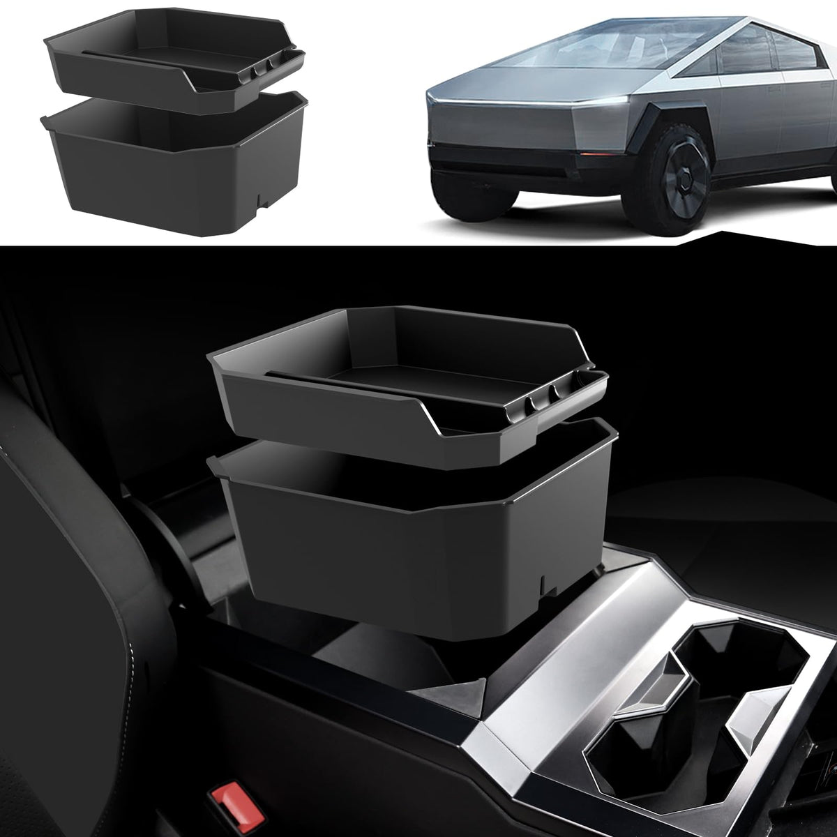 Foronetry Double Layer Center Console Organizer for Tesla Cybertruck 2025 2026 2024, ABS Console Tray Insert storage box for Cyb