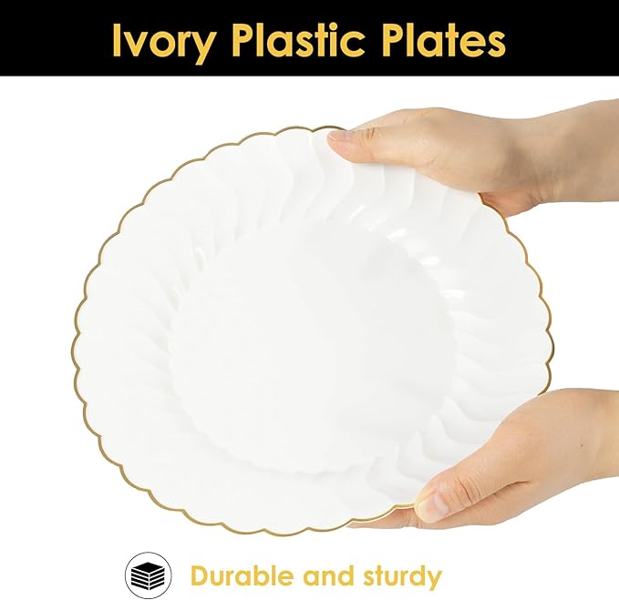 Lullaby 96PCS Ivory Scalloped Plastic Plates with Gold Rim, Disposable Elegant Plates Include 48pcs Dinner Plate 10.25", 48pcs Dessert Plate 7.5", Perfect for Daily Use, Wedding and Party