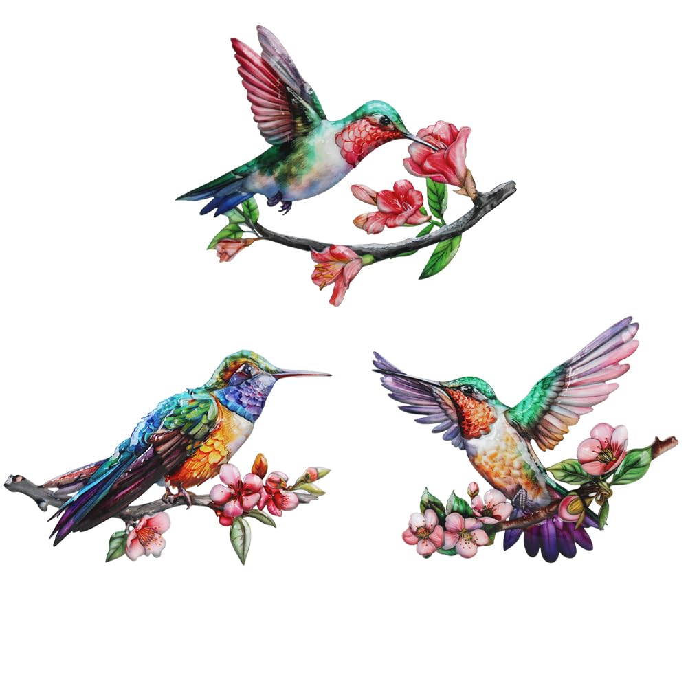 dreamskip 3 Pack Metal Hummingbird Wall Art Decor, 3D Colorful Birds Outdoor Wall Art Yard Patio Fence Decoration, Hand Painted Wall Sculpture Hanging Outdoor Decor for Garden Outside Livingroom
