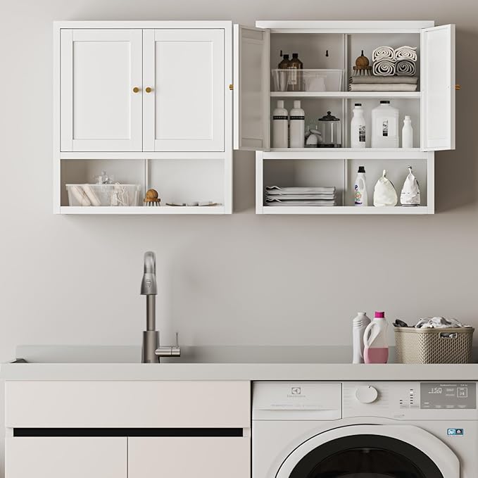 Metal Wall Cabinet, Over The Toilet Storage Cabinets, Wall Mounted Medicine Cabinets for Bathroom, Laundry, Kitchen, Entryway (White, 23.6" H-Wall Cabinet)
