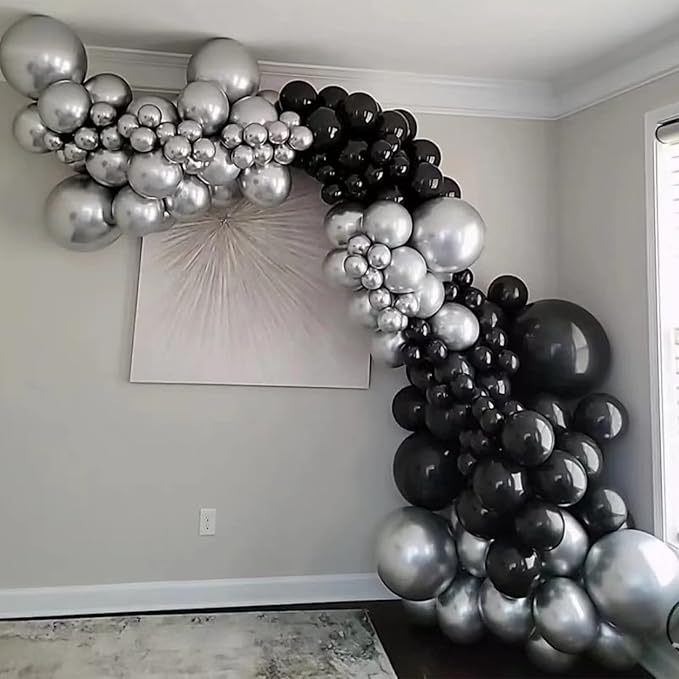 Black and Silver Balloon Garland Kit, Metallic Silver and Black Balloon Arch Kit, 100Pcs Chrome Silver Latex Black Balloons Different Sizes for Wedding Bridal Shower Birthday Graduation Party Supplies