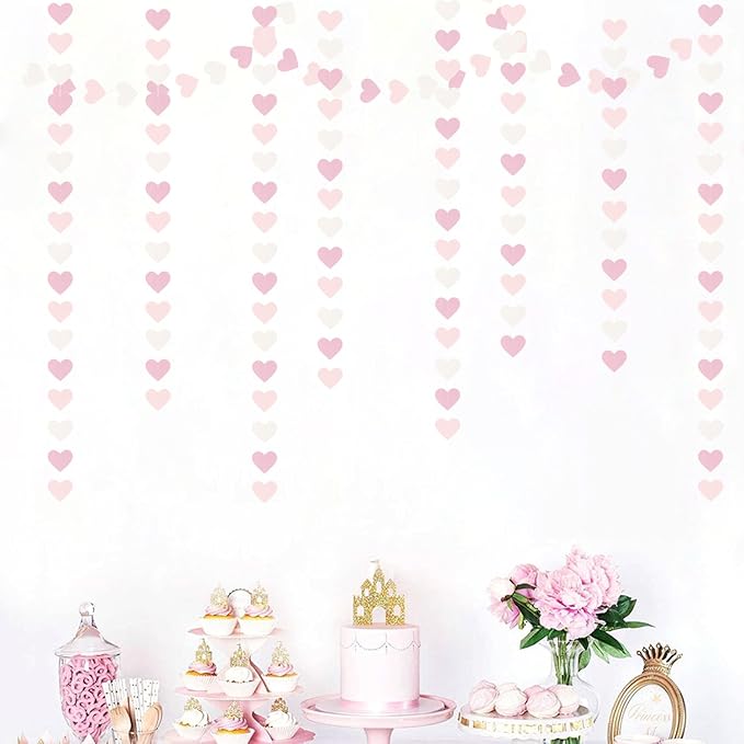 Pink-White Girls Birthday Party-Decorations Heart-Garland - 52Ft Valentines Day Proposal Galentines Wedding Paper Streamers Banner,Baby Bridal Shower Engagement Bachelorette Decor Lasting Surprise