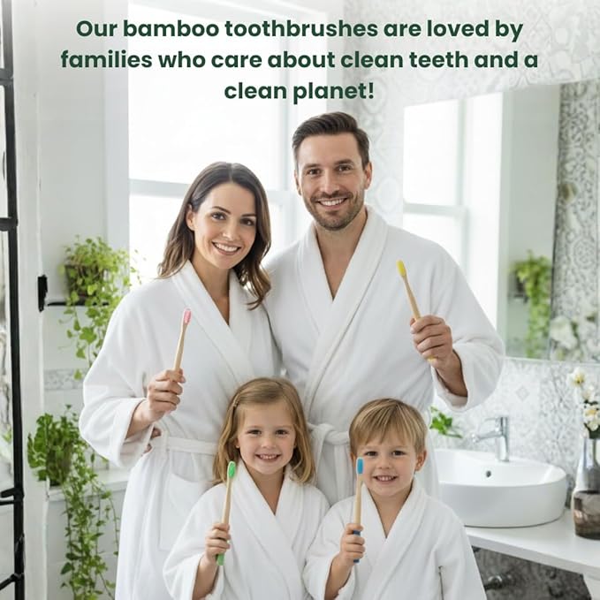 Bamboo Toothbrush Soft Bristles 4 Pack – Eco-Friendly, Natural Wooden Handle, BPA-Free, Vegan, Biodegradable, Plastic-Free Packaging, Family Set
