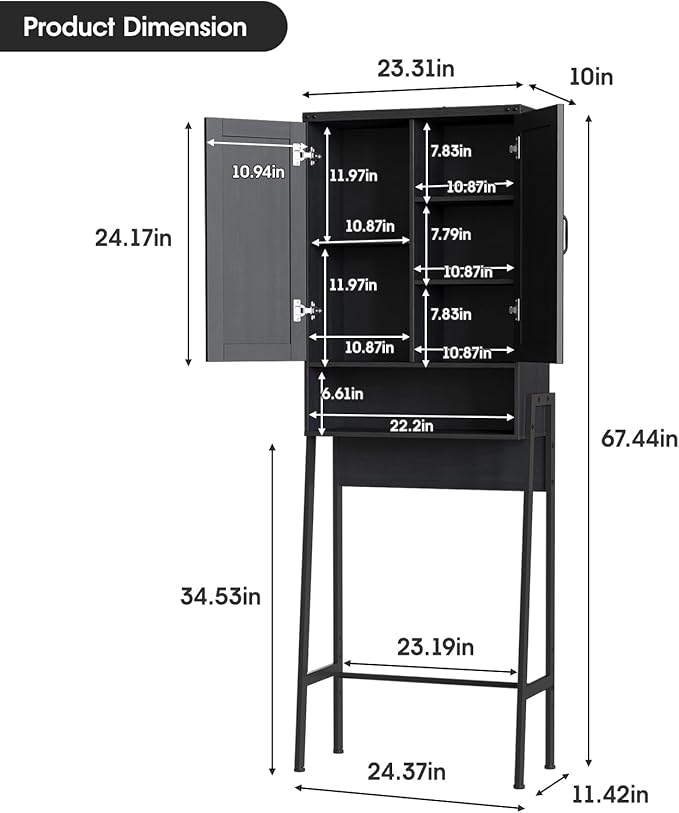 Over The Toilet Storage Cabinet with 2-Door Design Bathroom Organizers and Storage with Anti-Tip Device Over Toilet Organizer with Shelves for Bathroom,Restroom,Laundry Black