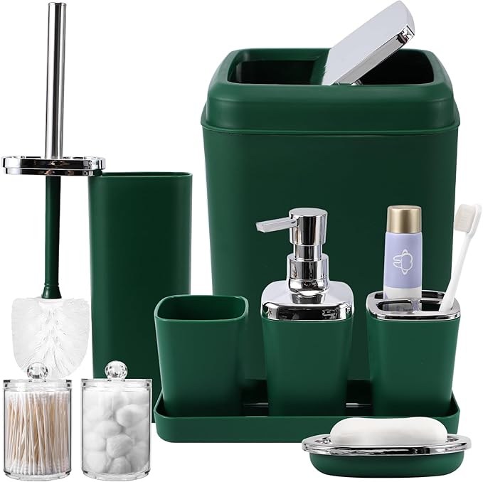 Dark Green Bathroom Accessories Set, Green Bathroom Set with Trash Can, Toothbrush Holder, Toothbrush Cup, Soap Dispenser, Soap Dish, Toilet Brush Holder, 2 Qtip Holder Dispensers and Tray