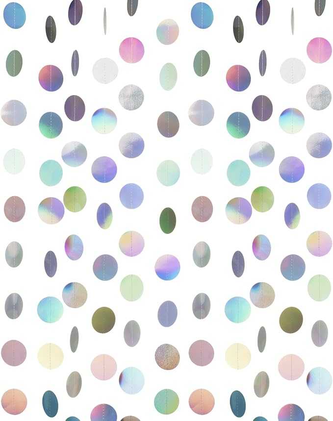 WEVEN Holographic Paper Garlands Party Decorations Laser Silver Circle Dots Banner Party Streamers, 30 Feet