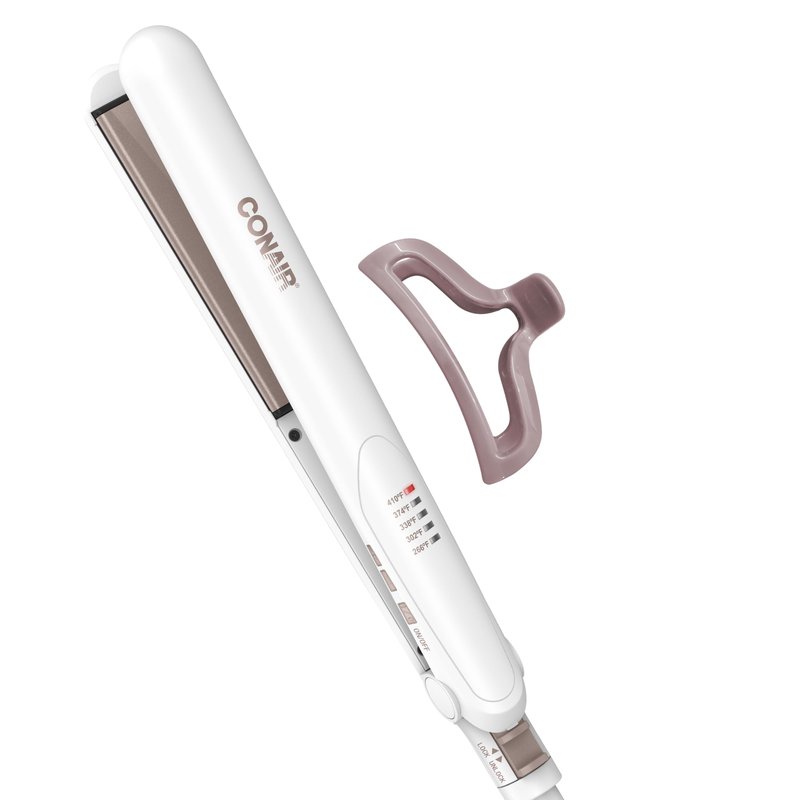 Conair Double Ceramic Flat Iron, 1-Inch Flat Iron Hair Straightener with Claw Clip, 5 Heat Settings, Extra-Long Floating Plates, White