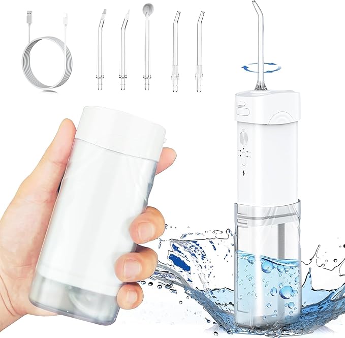 Portable Cordless Water Dental Flosser,Travel Size Collapsible Storage 5 Modes, 200 ML Telescopic Water Teeth Cleaner Pick, IPX 7 Waterproof Rechargeable,5 Jet Tips 360°Rotation (White)