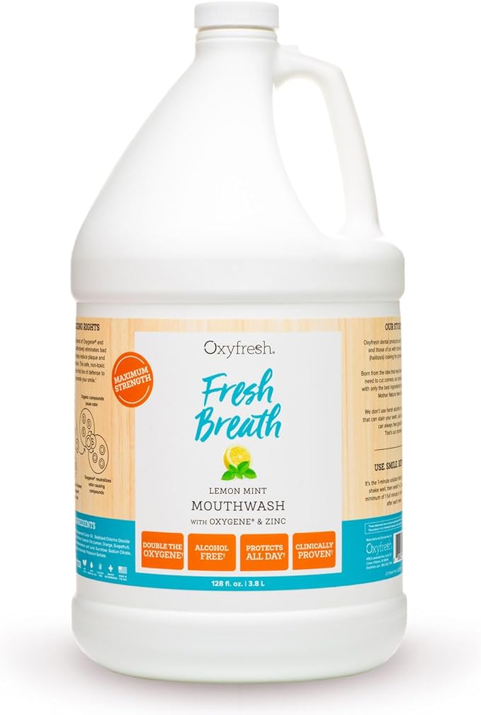 Oxyfresh Lemon Mint Fresh Breath Mouthwash – Bad Breath Treatment – SLS & Fluoride Free – Alcohol Free, Gentle Nonburning with Xylitol & Essential Oils – Pro Size Gallon 128 oz