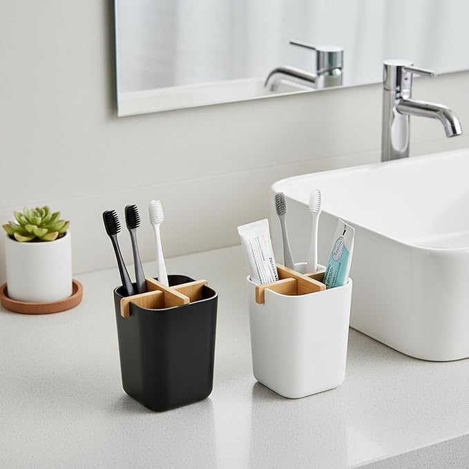 Bamboo Toothbrush Holder 4 Slots Toothpaste Toothbrush Holder for Bathroom Easy Cleaning Detachable(Black)