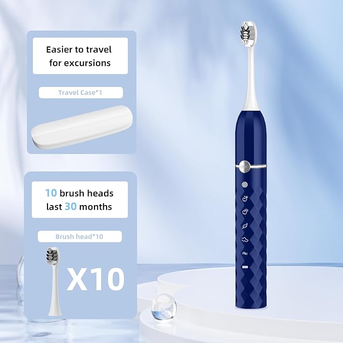 Electric Toothbrush Set, Equipped with 10 Brush Heads and Travel case, IPX8 Waterproof, 2-Minute Timer, 42000 high-Frequency Vibrations, 5 Modes, The First Choice for Gift Giving
