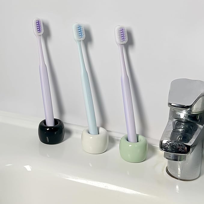 6-Pack Mini Ceramic Toothbrush Holders – Bathroom Countertop Organizers | Compact Hygienic Brush Stands (White+Black+Green)