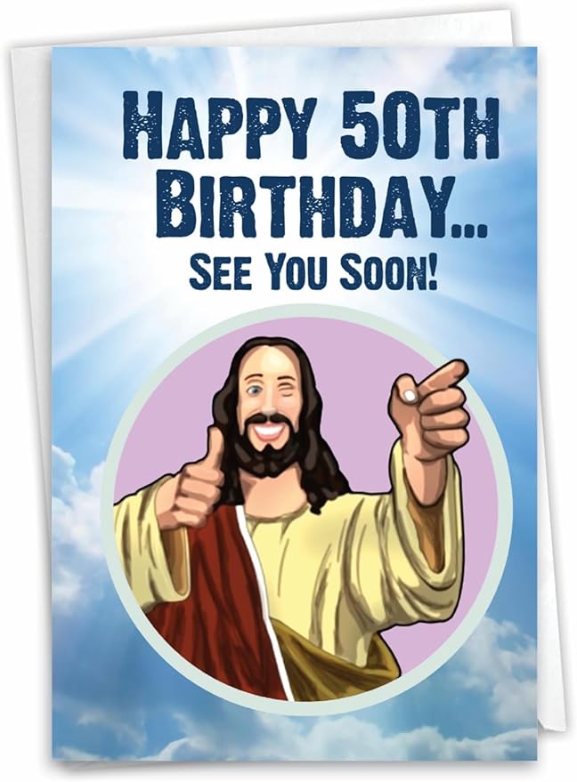 NobleWorks - Funny 50th Birthday Greeting Card - Joking God Humor Milestone, 50 Years Happy Bday Notecard with Envelope (1 Card) - See You Soon 50 C9065MBG