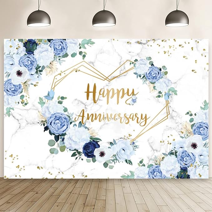 MEHOFOND 10x7ft Happy Anniversary Backdrop Blue and White Floral Wedding Anniversary Photography Background Hearts Geometric Couple Wedding Women Birthday Party Cake Smash Decor Studio Photo Props