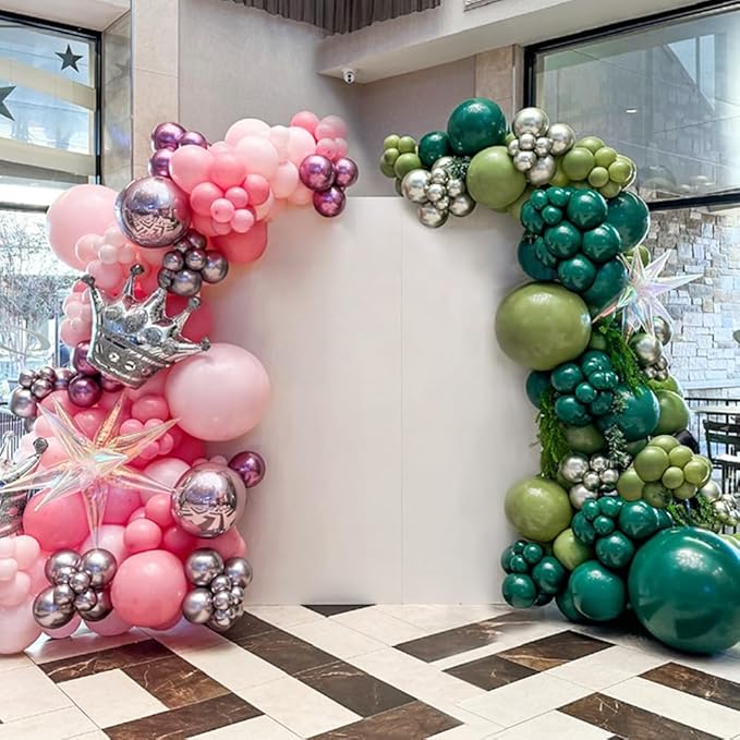 253pcs Pink and Green Balloon Garland Arch Kit, Metallic Silver Dark Green Light Pink Latex Balloons with Crown Iridescent Explosion Star Balloon for Birthday Witch Themed Party Decorations