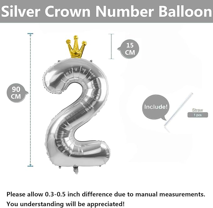Silver Number 2 Balloon with Crown, 40 inch Silver Number Balloon 2nd Birthday Party Decoration Silver Crown Balloons 0-9 for Birthday Party Anniversary Decorations Supplies