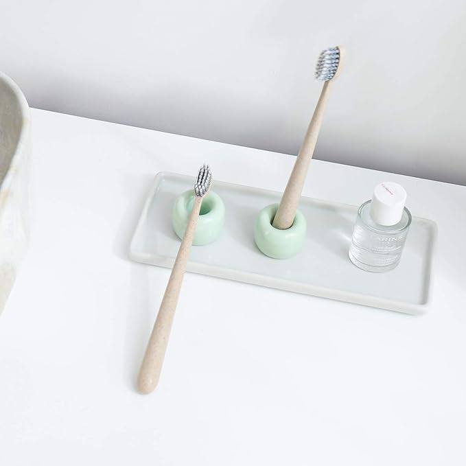 AirMoon Mini Ceramic Toothbrush Holder for Bathroom - Light Green Small Countertop Organizer, Easy Clean Toothbrush Stand, Suit for Electric Toothbrush Head, Pens & Coffee Spoon, Pack of 2