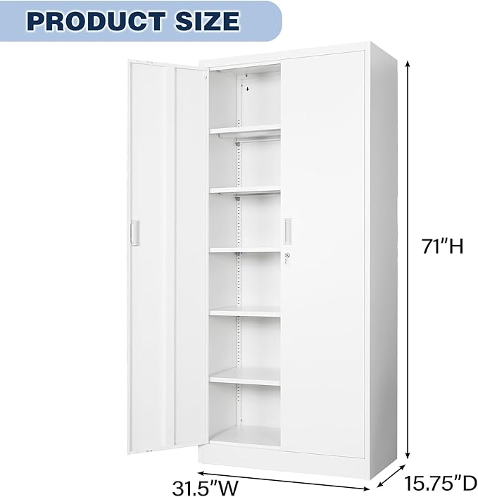 BESFUR Metal Cabinet with 5 Adjustable Shelves and 2 Doors, Locking Storage Cabinet for Garage, Classroom and Office -White