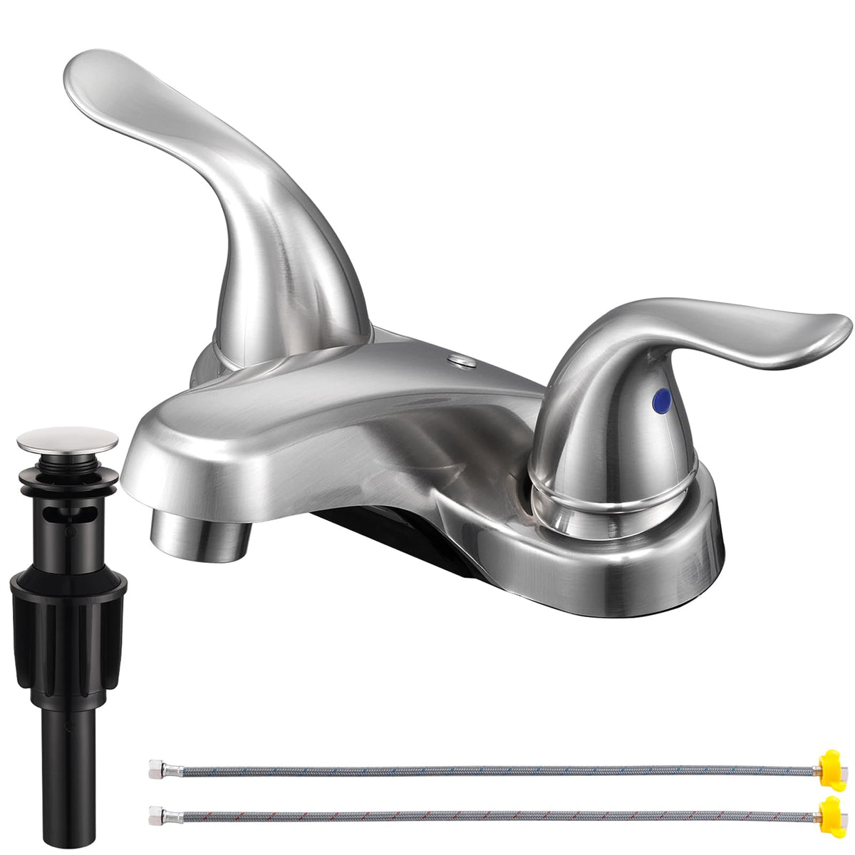 KPWATER Bathroom Sink Faucets 2/3 Hole,Brushed Nickel Dual Handles 4 inch Plastic Plating Over Bathroom Faucet with Pop-up Drain and 2 Supply Hoses for Apartment Rvs Sink Vanity