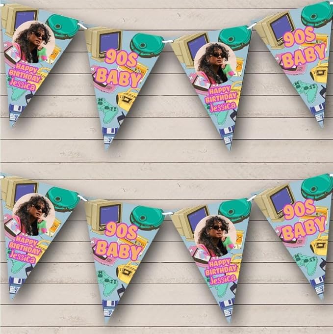 Nostalgia Novelty 90'S Theme Gadgets Photo Personalized Birthday Party Bunting - Hanging Party Decoration - Birthday Party Banner Garland | Decorative Party Supplies