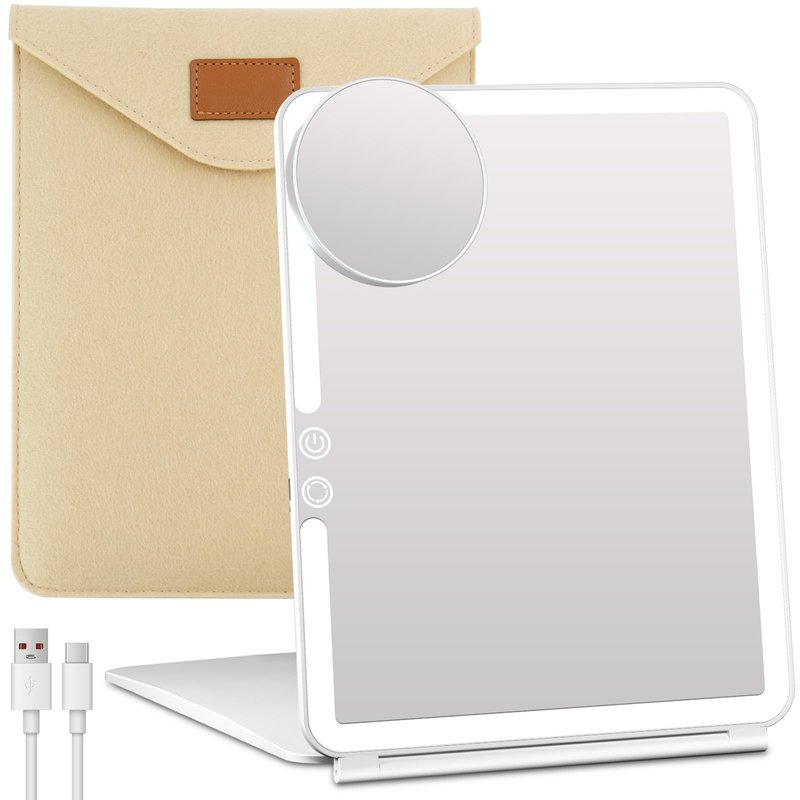 FUNTOUCH Large Rechargeable Travel Makeup Mirror with Light, 2500mAh Portable Makeup Mirror with 10X Magnifying Mirror 3 Lighting Modes, Dimmable Touch, Tabletop Folding Travel Mirror with Storage Bag