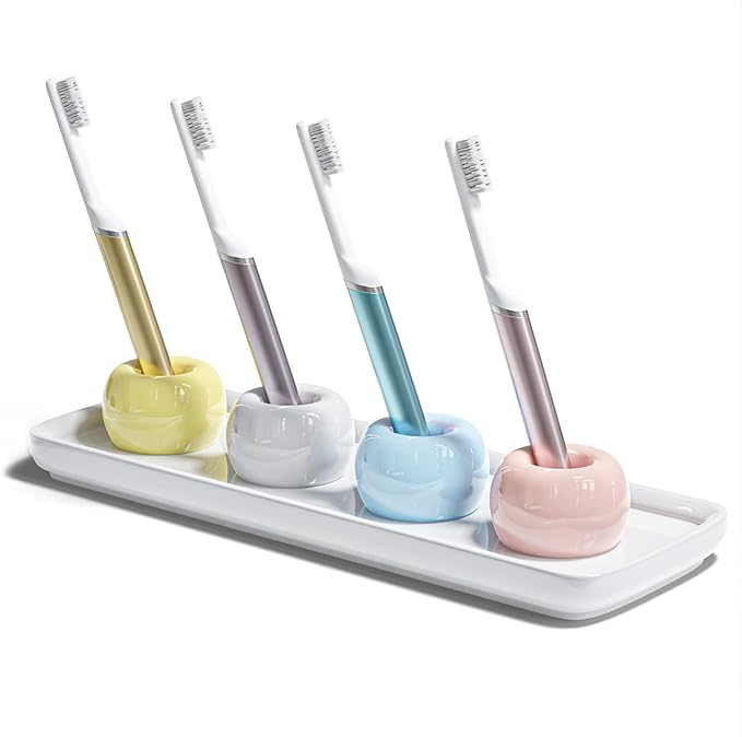 ELIKAI Ceramic Toothbrush Holder Set with Tray, Countertop Organizer for Bathroom, Storage Solution for Toothbrushes, Bathroom Accessories - Pastels – 4 Pack