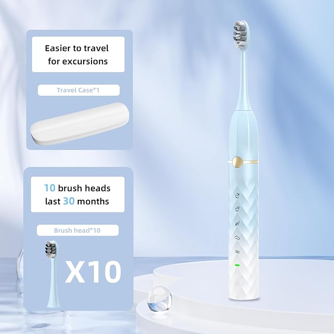 Electric Toothbrush Set, Equipped with 10 Brush Heads and Travel case, IPX8 Waterproof, 2-Minute Timer, 42000 high-Frequency Vibrations, 5 Modes, The First Choice for Gift Giving