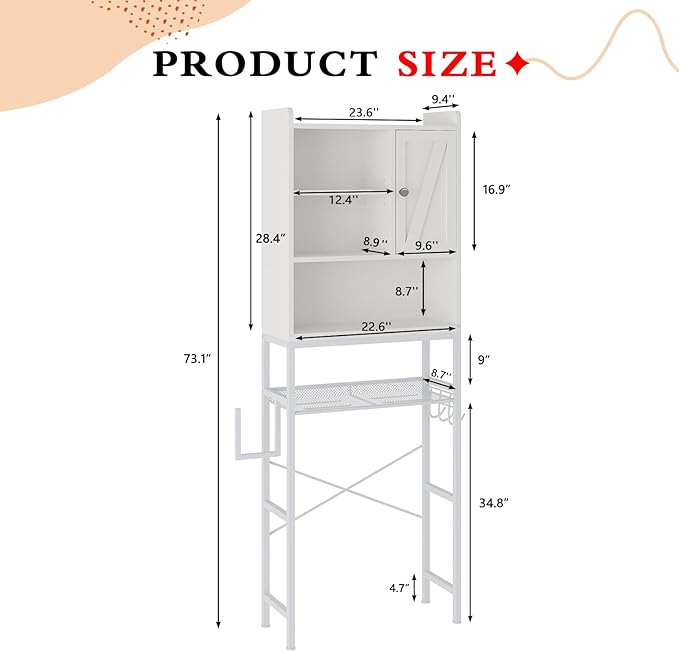 AWQM Over The Toilet Storage Cabinet, Bathroom Cabinet Organizer with Adjustable Shelf, Freestanding Space Saver Toilet Stands with Door, Paper Hook, Multifunctional Bathroom Toilet Rack, White