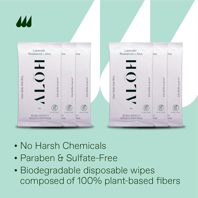 ALŌH Lavender Rosewood + Aloe Sanitizing Hand Wipes - Clean Hands, Clear Mind - On The Go Hand Sanitizer Wipes for Kids and Adults - Travel Size 6 Pack, 20ct (120 wipe)