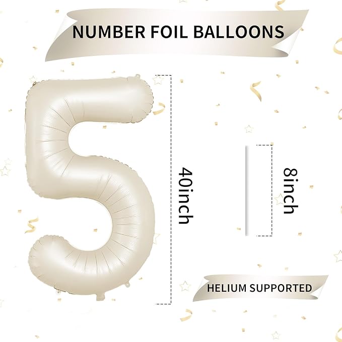 40 Inch Cream Number 5 Balloon, Beige Large 5th Birthday Balloons, Digital 5 Cream White Giant 5 Foil Balloon Helium for Boys Girls 5th Birthday Decorations Anniversary Baby Shower Party Supplies