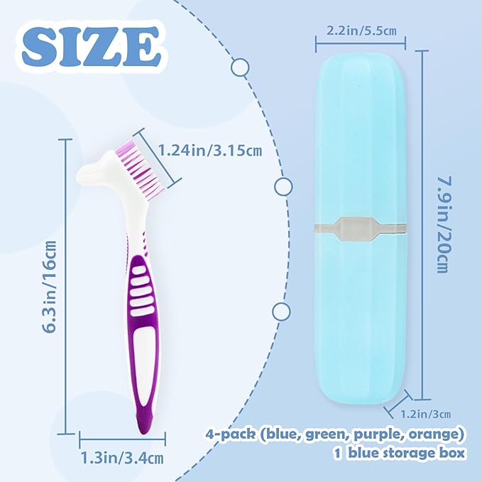 4 Pcs Denture Cleaning Brush and 1 Pcs Storage Case, Portable Denture Toothbrush, Retainer Brush with, Double Sided Toothbrush (4 Colors and Blue)