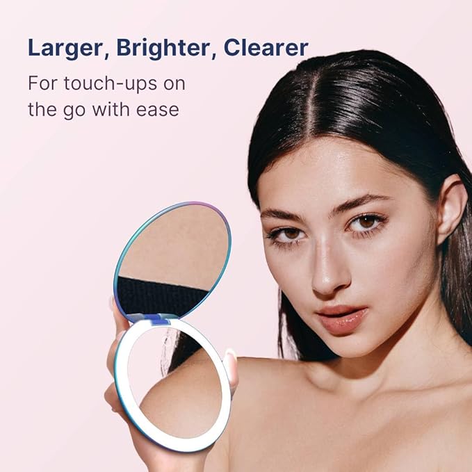 Fancii Taylor Travel Makeup Mirror with LED Light, Rechargeable, 10x /1x Magnifying & 3 Light Settings - Compact, Large 5” Wide Mirror for Handbag and Purses (Lavender Lagoon)