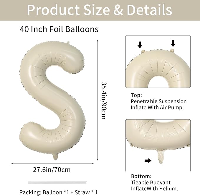 Biapian 40 Inch Letter S Balloons, Giant Cream S Foil Balloon, Big Single Alphabet A-Z Balloons, Beige Large Aluminum S Balloons Helium for Birthday, Baby Shower, Wedding, Anniversary Party Decoration