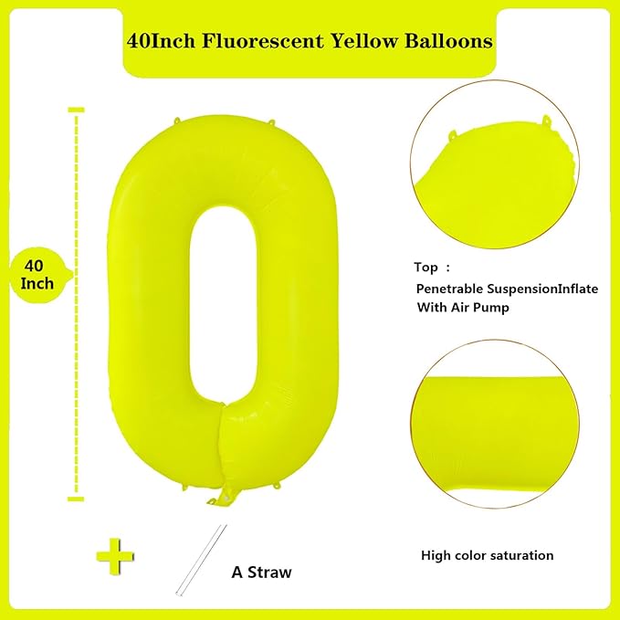 Fluorescent Yellow Number Balloon 40 inch Giant Foil Helium Balloons Yellow Number 0 Balloon for Birthday Party Decorations