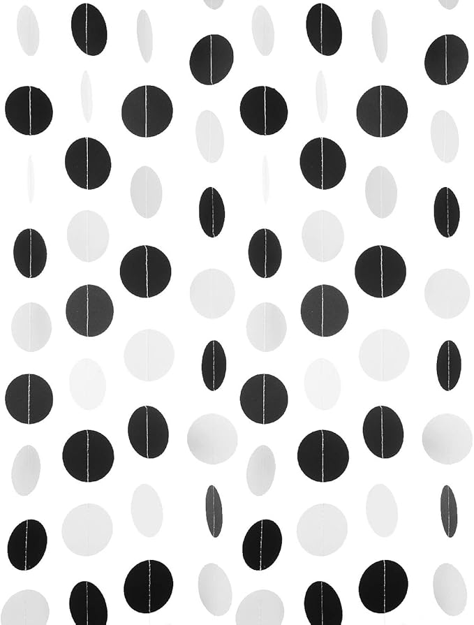 WEVEN Black and White Paper Garland Circle Dot Party Garland Banner Streamer Backdrop Hanging Decorations, 2" in Diameter, Pack of 3, 30 Feet in Total
