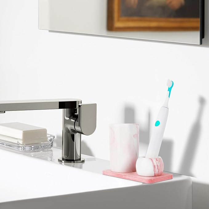 Ceramic Toothbrush Holder & Toothbrush Cup with Diatomite Tray for Bathroom, Bathroom Tumbler Cups Reusable Toothbrush Mouthwash Cup, Shower Counter Storage Organizer (Pink)