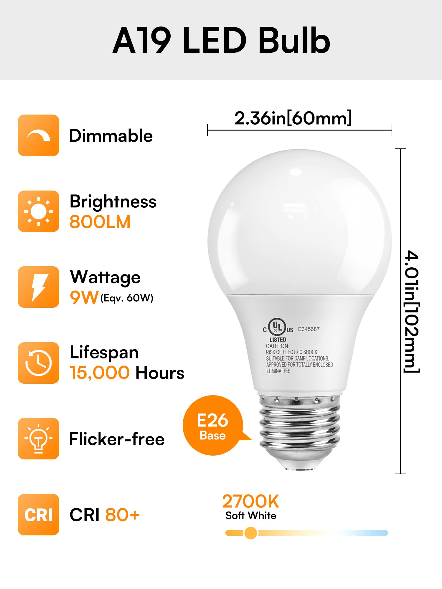 TJOY A19 Dimmable LED Light Bulbs, E26 Led Bulbs 60 Watt Equivalent, Warm Soft White 2700K, 800 Lumens Standard Base, Energy Saving Lightbulbs, Efficient 9W, 120V, 15,000 Hour Lifetime, 6 Pack