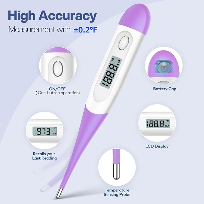 Boncare 10 Seconds Oral Thermometer for Adults and Kids - Accurate & Safe Rectal Thermometer for Baby with Fever Alarm, Digital Thermometer (Purple)