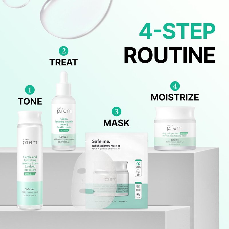 MAKE P:REM Safe Me. Relief Moisture Mask 15, Hydrating Sheet Mask with Natural Ingredients, Enriched with Hyaluronic Acid for Comfort and Glow, Korean Skin Care, 0.84 fl.oz. (25ml) x 10EA