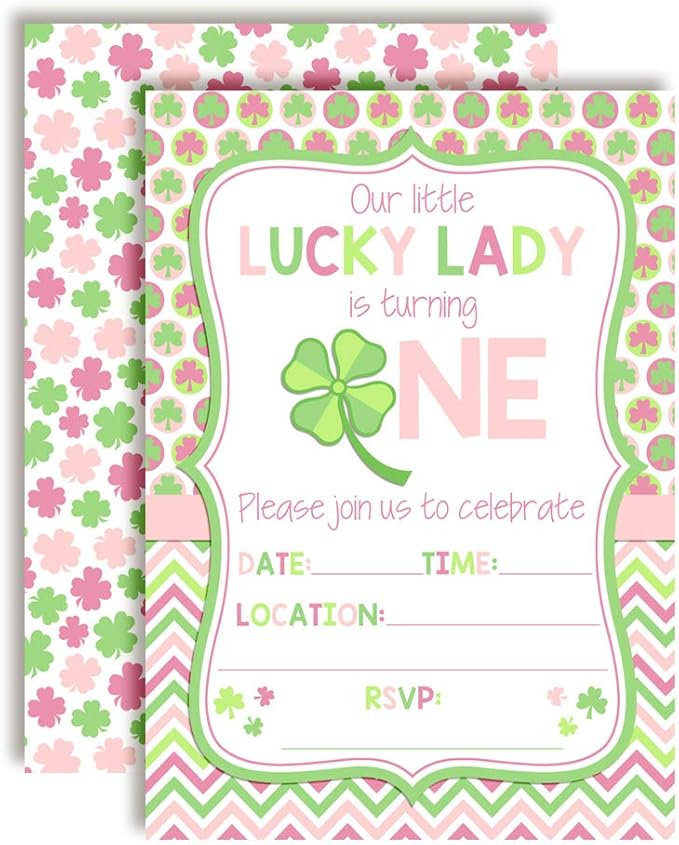 Lucky Lady First Birthday Clover St. Patrick’s Day Party Invitations for Girls, 20 5x7 Fill In Cards with Twenty White Envelopes by AmandaCreation