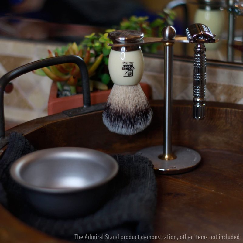 Luxury Razor and Brush Stand, The Admiral by VIKINGS BLADE, Ancient Viking Look with Heavy Distressed Stainless Steel & Brass, Extra Wide Openings, Fits Most Razors and Brushes