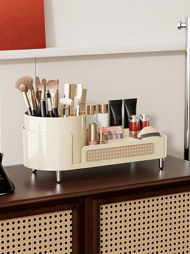 360° Countertop Swivel Cosmetic Organiser, Large Swivel Cosmetic Organiser With Brush Holder For Skincare, Perfume, Beauty Tools Display Case (Cream)