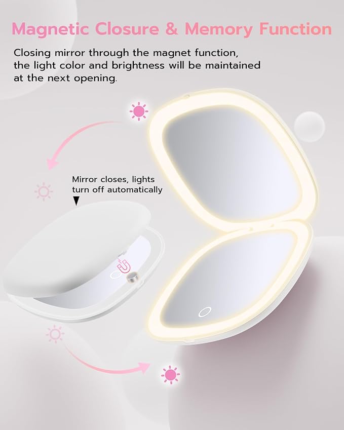 Benbilry 3.9" Rechargeable Compact Makeup Mirror with 3 Light Colors and Magnification 1X / 10X, Double Light Strip Dimmable Small LED Travel Mirror for Purse, White