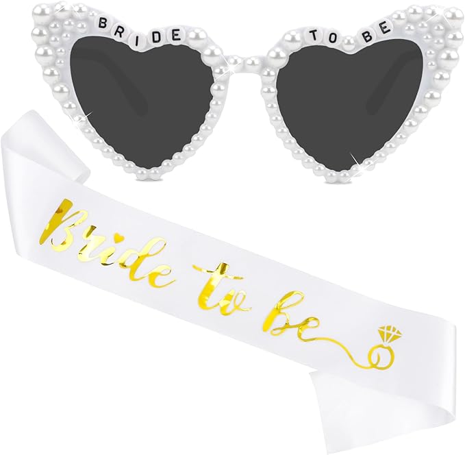 Bride to Be Set: Pearl-Trimmed Heart Sunglasses, Pearl BRIDE Sash & Tulle Veil - Bachelorette Party Bridal Accessories