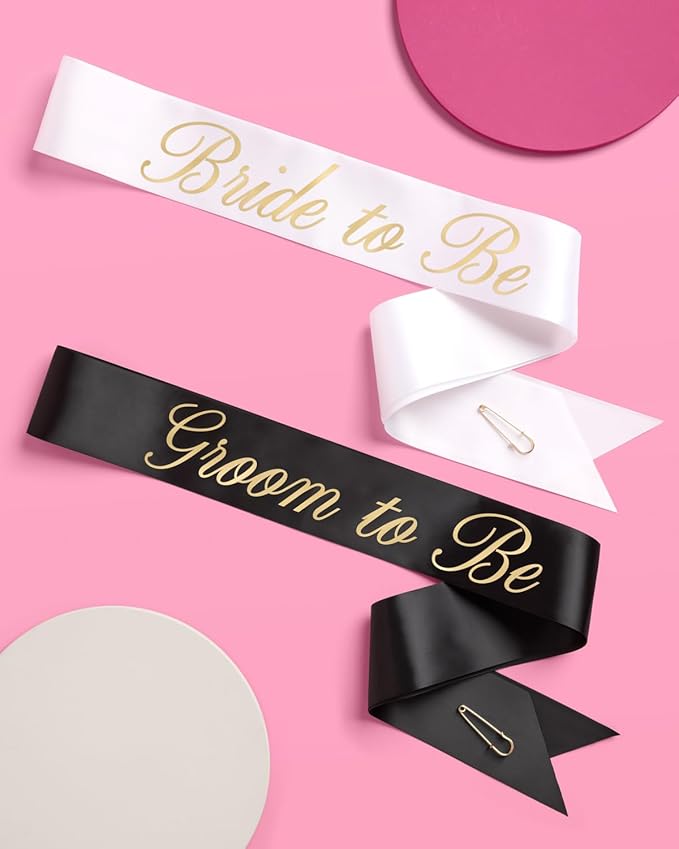 xo, Fetti Bride and Groom Sash Duo 2 Pack | White and Black Satin, Gold Foil, Bridal Shower, Engagement Party, Bachelorette Decor, Wedding Mr. & Mrs.