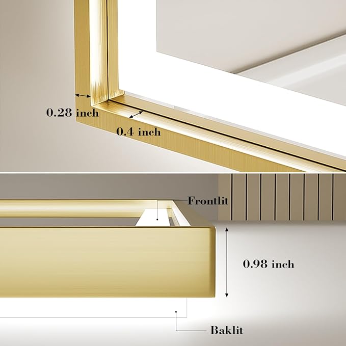 24X36 Inch Led Bathroom Mirror,Frontlit & Backlit Lighted Mirror,Gold Metal Frame Vanity Mirror for Wall,Double Lights Strips,Anti Fog Stepless 3 Colors Temperature & Dimmable