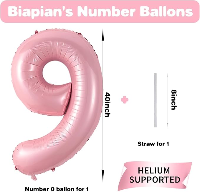 Pastel Pink Number 9 Balloon, 40 Inch Pearl Light Pink 9 Balloon Number for Girls, Foil Digital 9 Balloon Helium, Large Pink 9th Birthday Balloons for Girls Baby Shower Princess Party Decorations