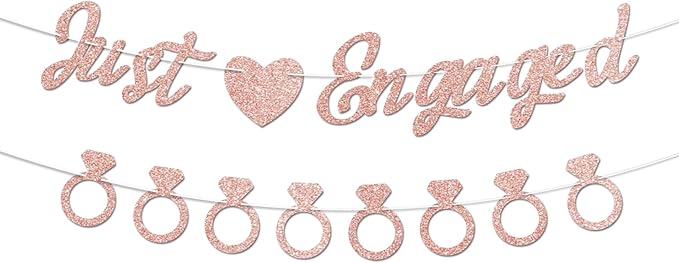 Just Engaged Banner, No DIY, Glitter Rose Gold Engagement Party Decorations and Diamond Ring Banner Sign for Bridal Shower Wedding Shower Bachelorette Party Decorations.